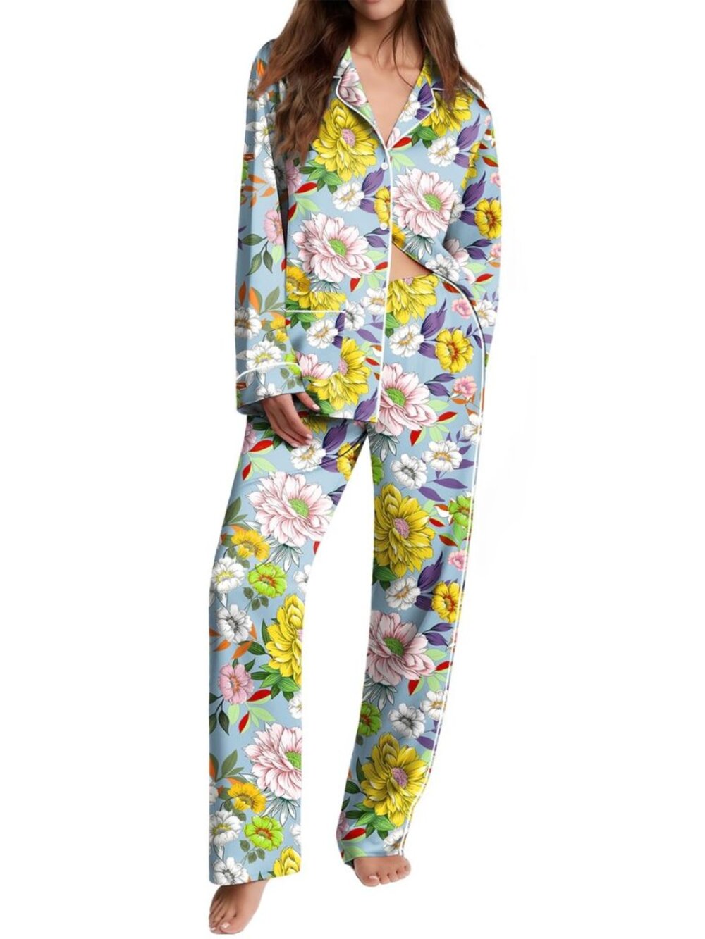 Womens Pajama Sets Satin Silk Pjs Long Sleeve Button Down Sleepwear